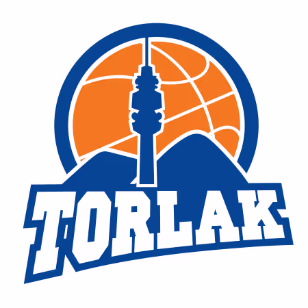 Logo with a blue mountain, a tower silhouette, and an orange basketball in the background above the text TORLAK.