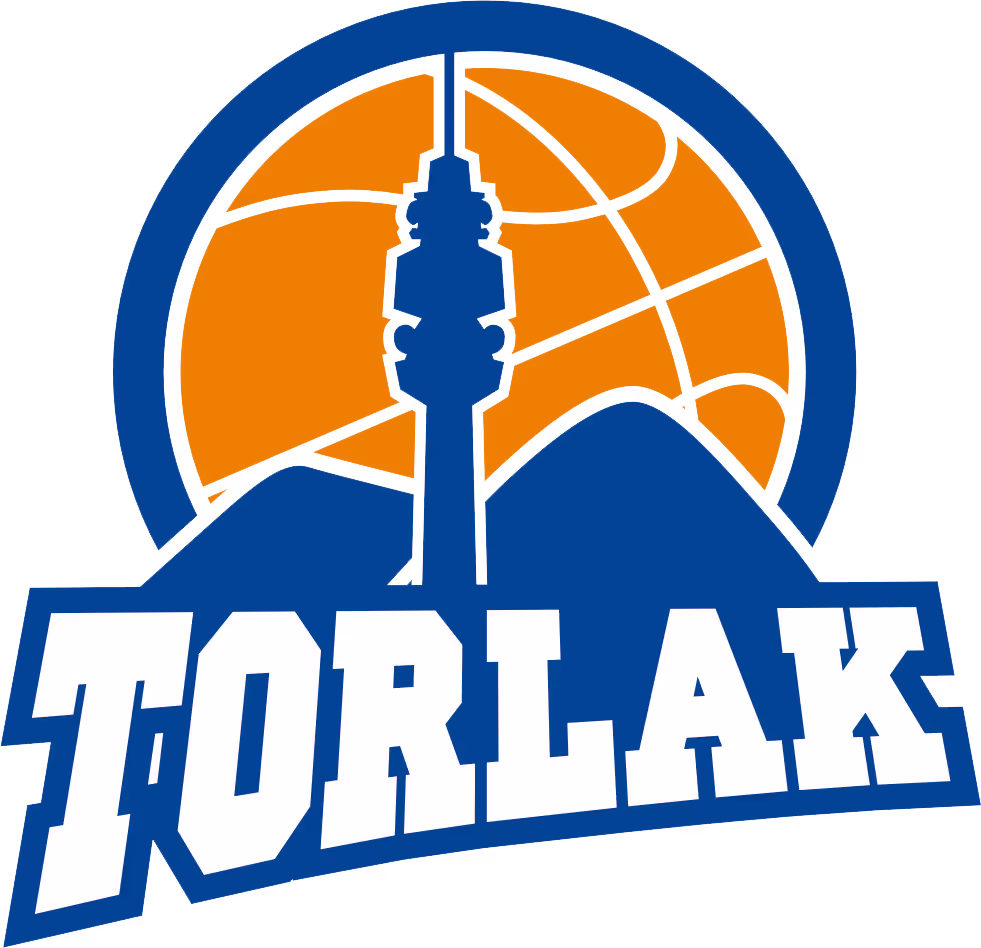 Logo with orange basketball behind a tower and mountain silhouette, text 'TORLAK' below in white block letters.